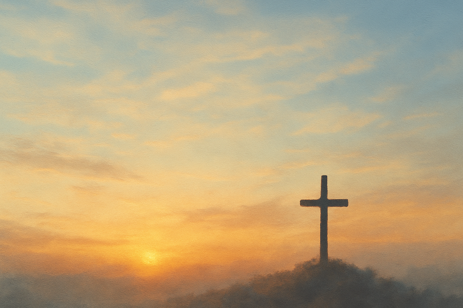 Silhouetted cross on a hill at sunrise with soft pastel clouds, symbolizing hope, trust, and the journey from fear to faith.